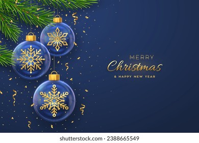 Merry christmas greeting card or banner. Hanging transparent glass balls with golden snowflakes inside, pine branches on blue background with gold falling confetti. New Year 3d. Vector illustration.