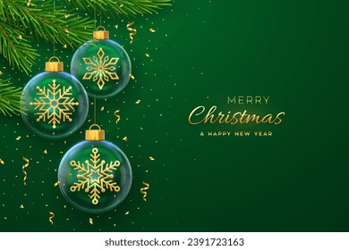 Merry christmas greeting card or banner. Hanging transparent glass balls with golden snowflakes inside, pine branches on green background with gold falling confetti. New Year 3d. Vector illustration.