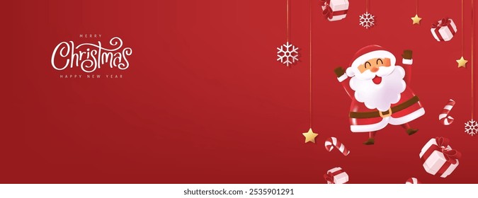 Merry Christmas greeting card banner with cute funny Santa Claus characters in cartoon style and festive decoration for Christmas holiday