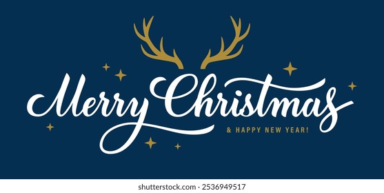 Merry Christmas greeting card or banner design with hand drawn lettering and reindeer horns.