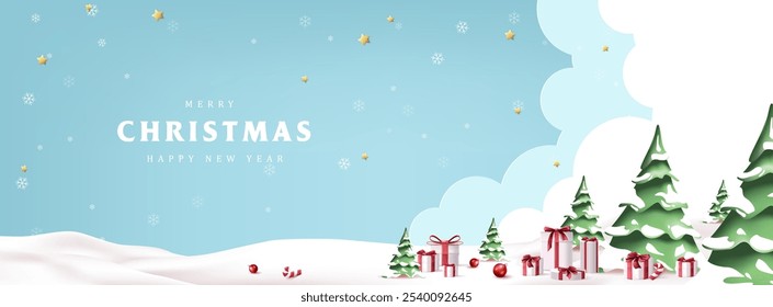 Merry christmas greeting card banner with winter christmas landscape snow falling
