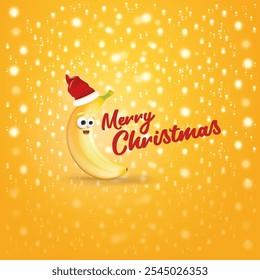 Merry Christmas greeting card and banner with funny cartoon banana character wearing santa red hat isolated on orange background with lights. Funny and cute Christmas card with smiling Banana monster