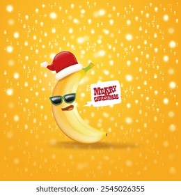 Merry Christmas greeting card and banner with funny cartoon banana character wearing santa red hat isolated on orange background with lights. Funny and cute Christmas card with smiling Banana monster