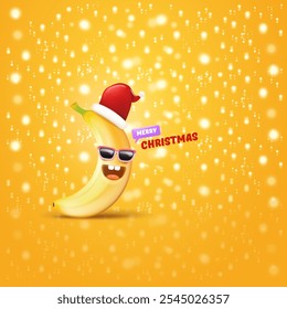 Merry Christmas greeting card and banner with funny cartoon banana character wearing santa red hat isolated on orange background with lights. Funny and cute Christmas card with smiling Banana monster