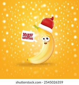 Merry Christmas greeting card and banner with funny cartoon banana character wearing santa red hat isolated on orange background with lights. Funny and cute Christmas card with smiling Banana monster