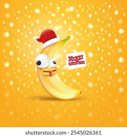 Merry Christmas greeting card and banner with funny cartoon banana character wearing santa red hat isolated on orange background with lights. Funny and cute Christmas card with smiling Banana monster