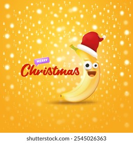 Merry Christmas greeting card and banner with funny cartoon banana character wearing santa red hat isolated on orange background with lights. Funny and cute Christmas card with smiling Banana monster