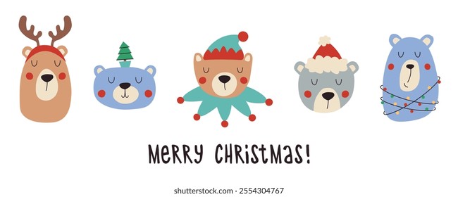 Merry Christmas greeting card, banner, poster with cute bears. Hand drawn bears with Christmas attributes and accessories.
