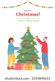 Merry Christmas greeting card or banner. Boy and girl decorating Christmas tree. Happy couple of young people in winter holidays. Vector illustration on white background.