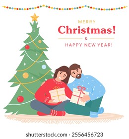 Merry Christmas greeting card or banner. Happy man and woman with gifts near Christmas tree. Giving gifts for Christmas concept. Happy holiday congratulations. Vector illustration.