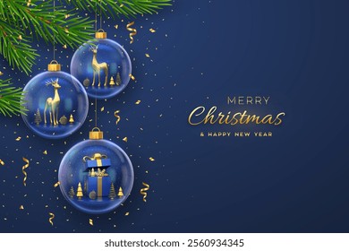 Merry christmas greeting card, banner. Hanging transparent glass balls with gift box and gold reindeers inside. Fir branches on blue background, confetti. New Year Xmas 3D design. Vector illustration.