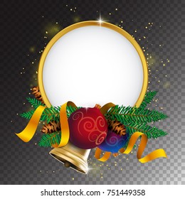 Merry Christmas greeting card or banner with holiday decoration. Realistic vector round frame with new year tree, christmas balls, golden bell and ribbon. Great for print publications or web design