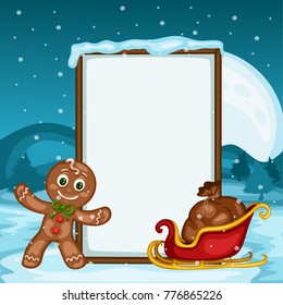 Merry Christmas Greeting Card with Banner for Text. Cute Gingerbread Man Character with Gift Bag and Sledge