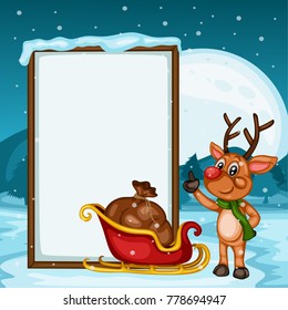 Merry Christmas Greeting Card with Banner for Text. Cheerful Reindeer  with Christmas Gift Bag and Sledge