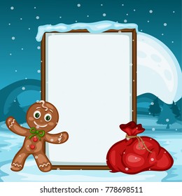 Merry Christmas Greeting Card with Banner for Text. Cheerful Gingerbread Man with a Gift Bag