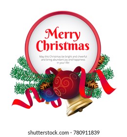 Merry Christmas greeting card or banner with holiday decoration. Realistic vector round frame with new year tree, christmas balls, golden bell and ribbon. Great for print publications or web design
