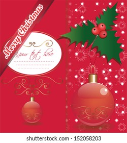 Merry Christmas greeting card with baubles mistletoe and vintage frame