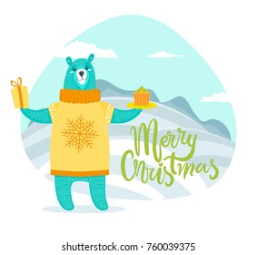Merry Christmas greeting card with bear in sweater, holds present with bow and delicious cupcake on plate isolated cartoon vector on winter landscape