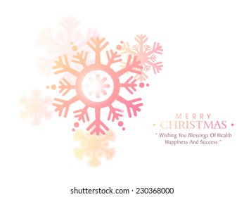 Merry Christmas greeting card with beautiful glossy snowflakes and wishing massage on white background.