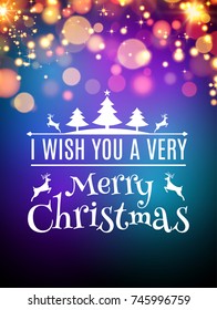 Merry Christmas greeting card. Beautiful bokeh festive calligraphy typography illustration xmas.