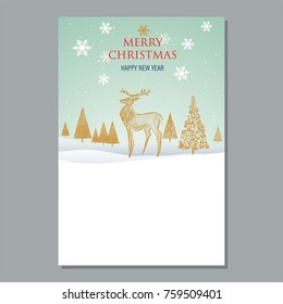 Merry Christmas greeting card. Beautiful hand drown golden deer in winter forest. holiday landscape, New year background, winter tampleate 