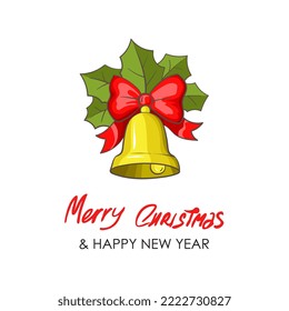 Merry christmas greeting card. Christmas bell. Flat style vector illustration.