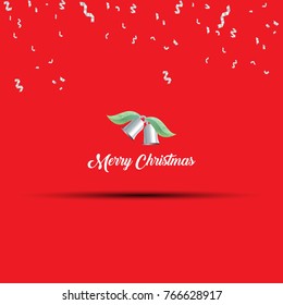 Merry Christmas greeting card with bell in red background. Vector illustration for print, leaflets, poster, banner, or for web.