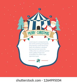 Merry Christmas greeting card. Big santa claus with blank template on christmas background.