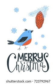 Merry Christmas greeting card with a bird and a pine cone. Vector illustration,