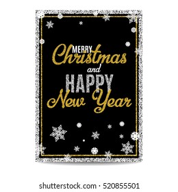 Merry Christmas greeting card. Black background. Golden and silver text. Snowflakes and frames. Glitter sequins. Flyer and banner design template. Vector EPS10 illustration.