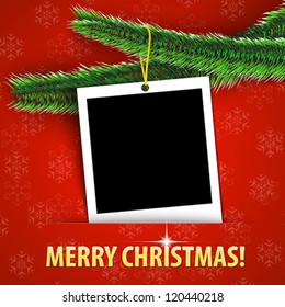 Merry Christmas Greeting Card With Blank Photo Frame Hanging On Shiny Christmas Tree. Vector Illustration