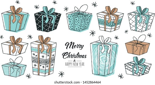Merry Christmas greeting card blue with modern gifts. Vector illustration.