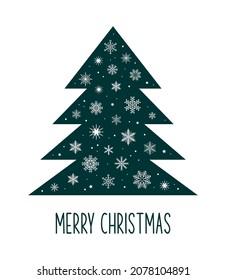 Merry Christmas greeting card. Blue green Christmas tree decorated with white snowflakes on a white background