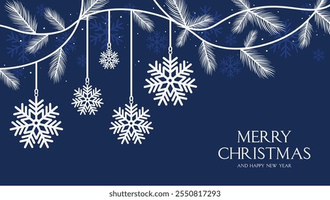 Merry Christmas greeting card and blue xmas banner with hanging snowflakes or creating festive headers, or social media graphics, vector illustration.
