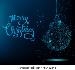 Merry Christmas greeting card. Blue Christmas tree ball with handwritten lettering. Bright polygonal decoration. Vector illustration