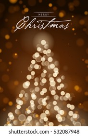 Merry Christmas Greeting Card with Blurred Lights of Christmas Tree and Vertical Shine Brown Background