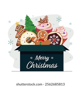 Merry Christmas Greeting Card with Box Full of Gingerbread, Donut, Cookies, Cupcake and Xmas Tree on White Background.