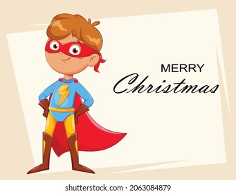 Merry Christmas greeting card. Boy in superhero costume. Cheerful little boy like super hero