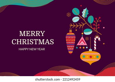 Merry Christmas greeting card with branch and toys in Scandinavian style. Hand drawn christmas baubles on background with wave shapes. Template for invitation,wishing,design. Vector illustration.