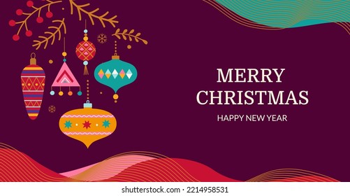 Merry Christmas greeting card with branch and toys and place for text. Hand drawn christmas baubles on background with wave shapes. Template for invitation,wishing,design. Vector illustration.