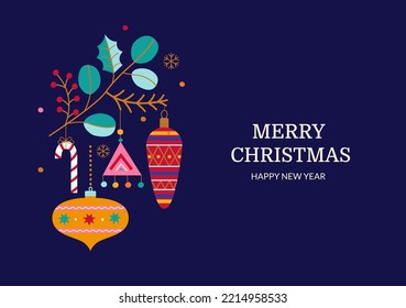 Merry Christmas greeting card with branch and toys in Scandinavian style. Hand drawn christmas baubles on background with wave shapes. Template for invitation,wishing,design. Vector illustration.