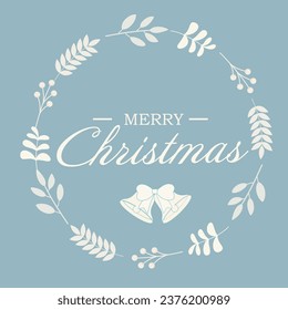 Merry Christmas greeting card branch wreath circle blue background. Modern design for Holidays invitation card, poster, banner, greeting card, print. Vector illustration