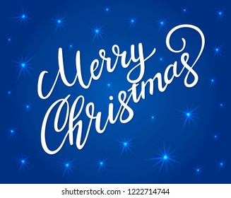 Merry Christmas greeting card with bright white lettering and shining stars.  Vector lettering for banners or card on a dark blue background. Calligraphic hand drawn font. Font composition