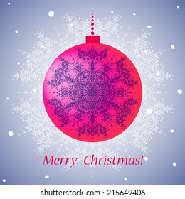 Merry Christmas, greeting card, bright red ball and snowflake, vector illustrations