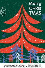 Merry Christmas greeting card with bright abstract fir trees on a green background. Vector.