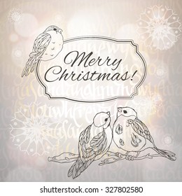 Merry Christmas greeting card with bullfinches and snowflakes on the grey gradient background with sunlight