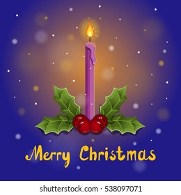 Merry Christmas greeting card with burning candle.