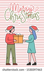 Merry christmas greeting card with calligraphic inscription vector. Man and woman exchanging gifts on winter holidays. People wearing santa claus hats holding presents wrapped in paper in hands