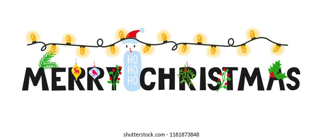 Merry Christmas greeting card with calligraphy. Hohoho Santa. Handwritten modern brush lettering with Christmas decoration. 
