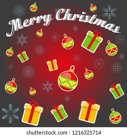 Merry Christmas. Christmas greeting card with calligraphy. Festive boxes and bright  red and green balls. Winter modern greeting card with gifts. Vector illustration.